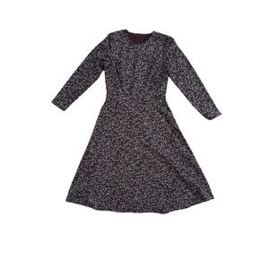 Ann Taylor Panther Cat Print A-Line Midi Dress‎ Long Sleeve Purple Plum Size 6